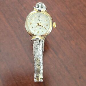 LA EXPRESS  Womens Silver & Gold-Tone Quartz Watch With Ornate Leaf Design Band